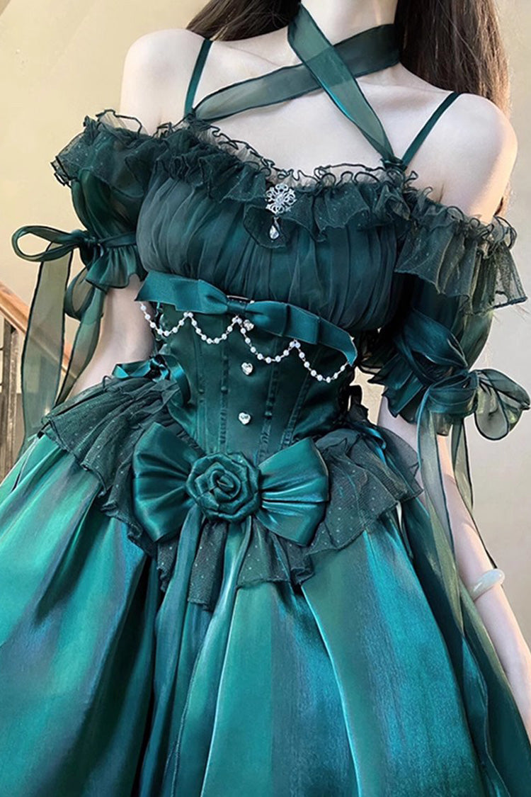 Green Midsummer Dream Short Sleeves Ruffle Hanayome Off-The-Shoulder Gothic Short Lolita Dress - Product - 2