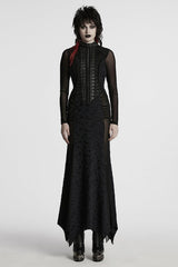 Black Stand Collar Long Sleeves Stitching Mesh Ripped Women's Punk Fishtailed Dress - Black - 1