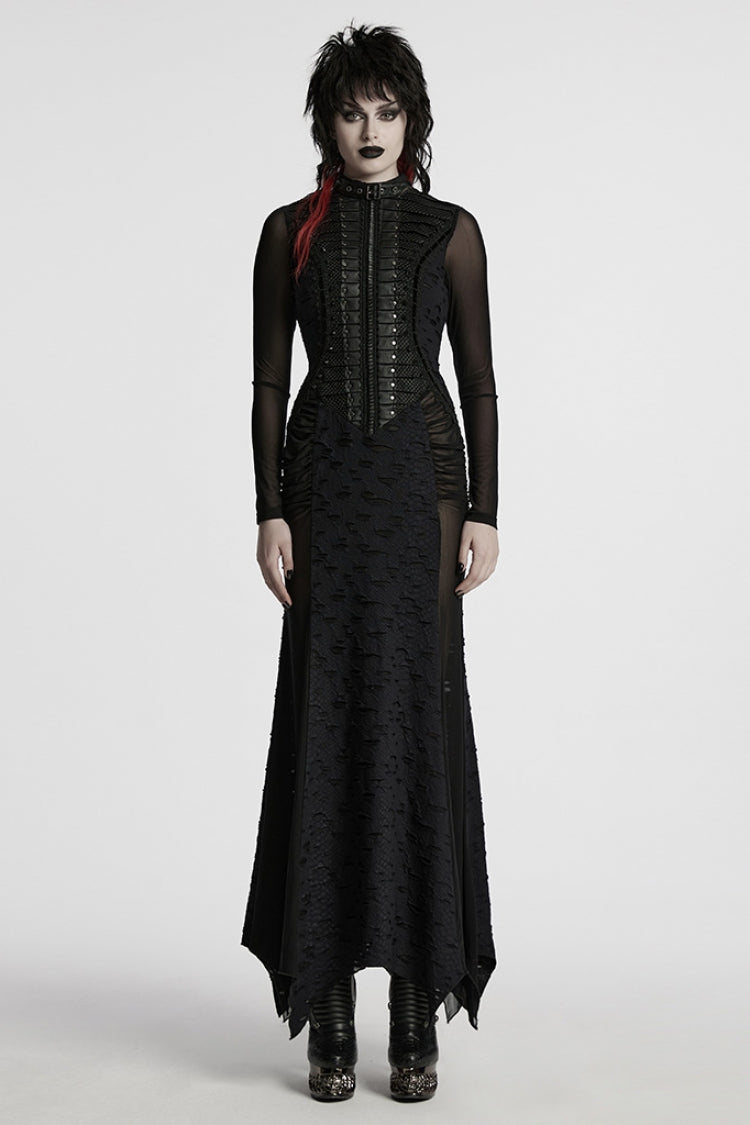 Black Stand Collar Long Sleeves Stitching Mesh Ripped Women's Punk Fishtailed Dress - Black - 1