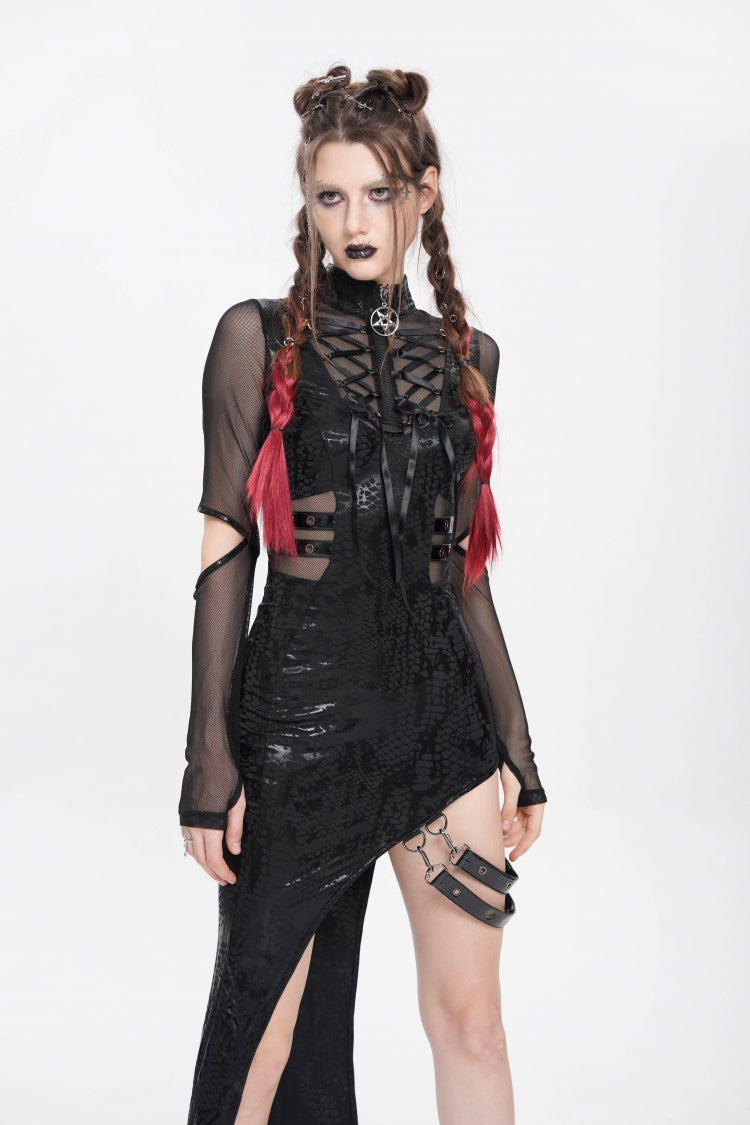 Black Stand Collar Long Sleeves Stitching Lace-Up Mesh Women's Punk Dress with Detachable Strap - Product - 13