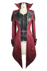 Punk Black And Red Applique Womens Hooded Leather Long Coats - Product - 5