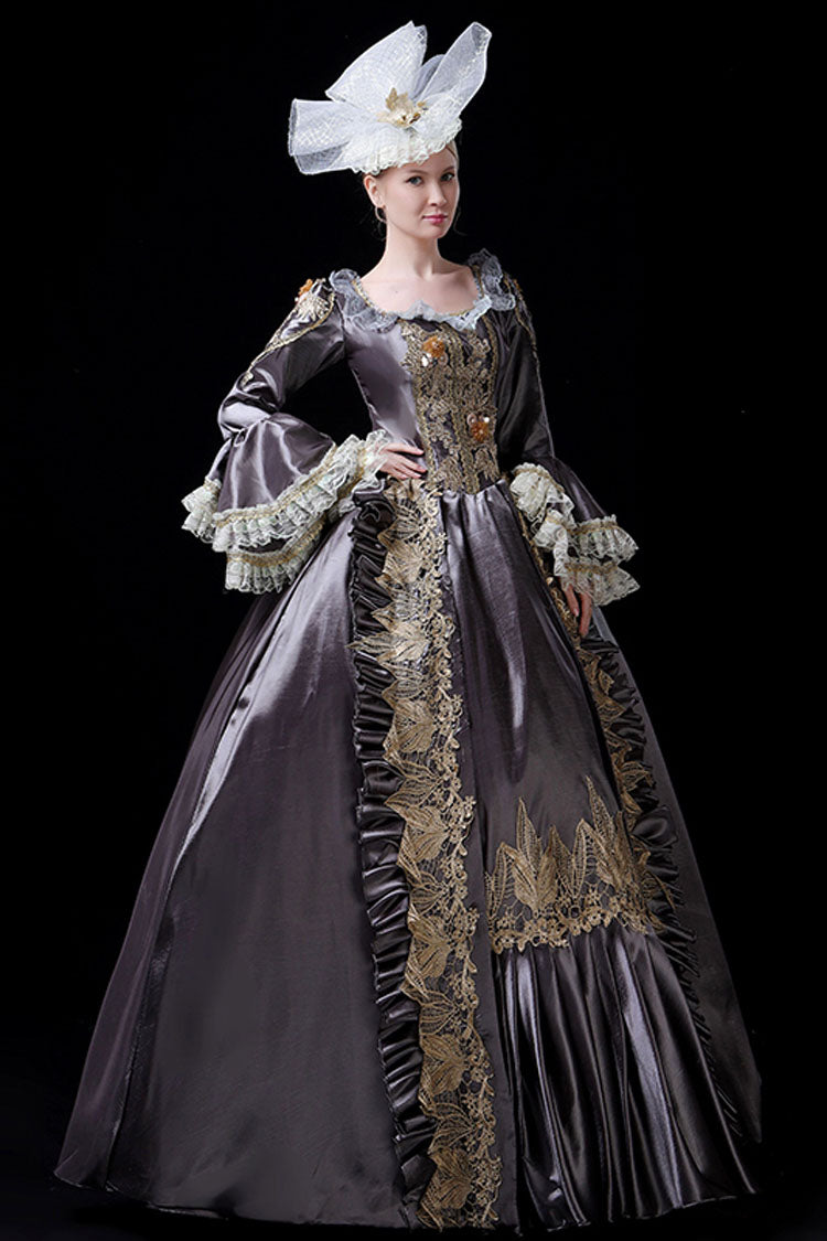 Multi-Layer Long Sleeves Trumpet Sleeves High Waisted Hollow Embroidery Print Victorian Lolita Prom Dress - Coffee - 7