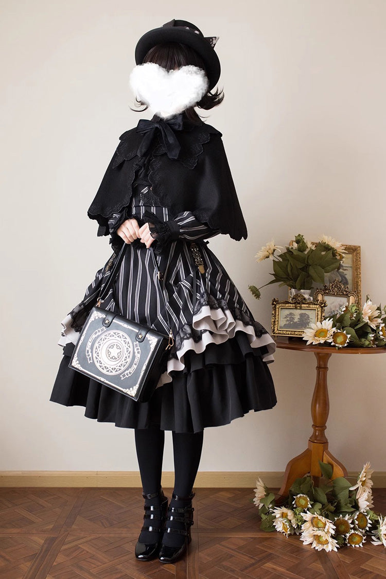 Black Stand Collar Long Sleeves Multi-layer Striped Print Ruffle Gothic Lolita Dress - Product - 13
