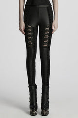 Black Floral Embroidery Women's Gothic Leggings - Black - 1