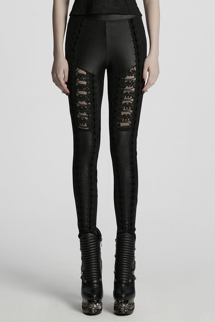 Black Floral Embroidery Women's Gothic Leggings - Black - 1