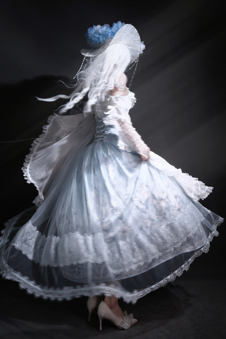 Blue [Snow Lily] Print Ruffle Hanayome Embroidery Bowknot Lace-Up Sweet Elegant Princess Lolita Skirt Set - Product - 12