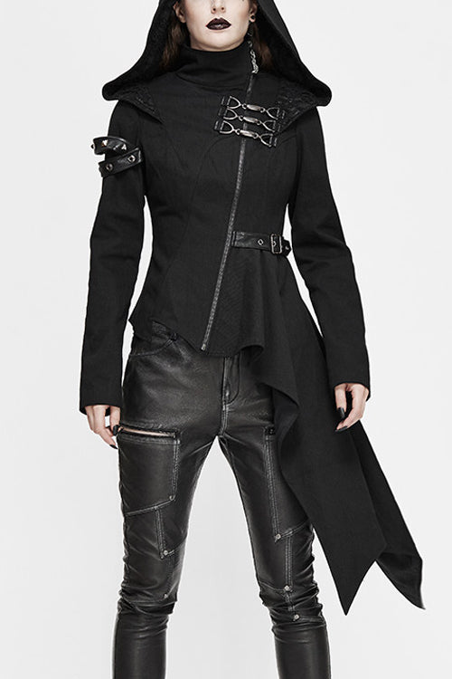 Black Hooded Asymmetrical Zipper Womens Punk Jacket - Black - 1