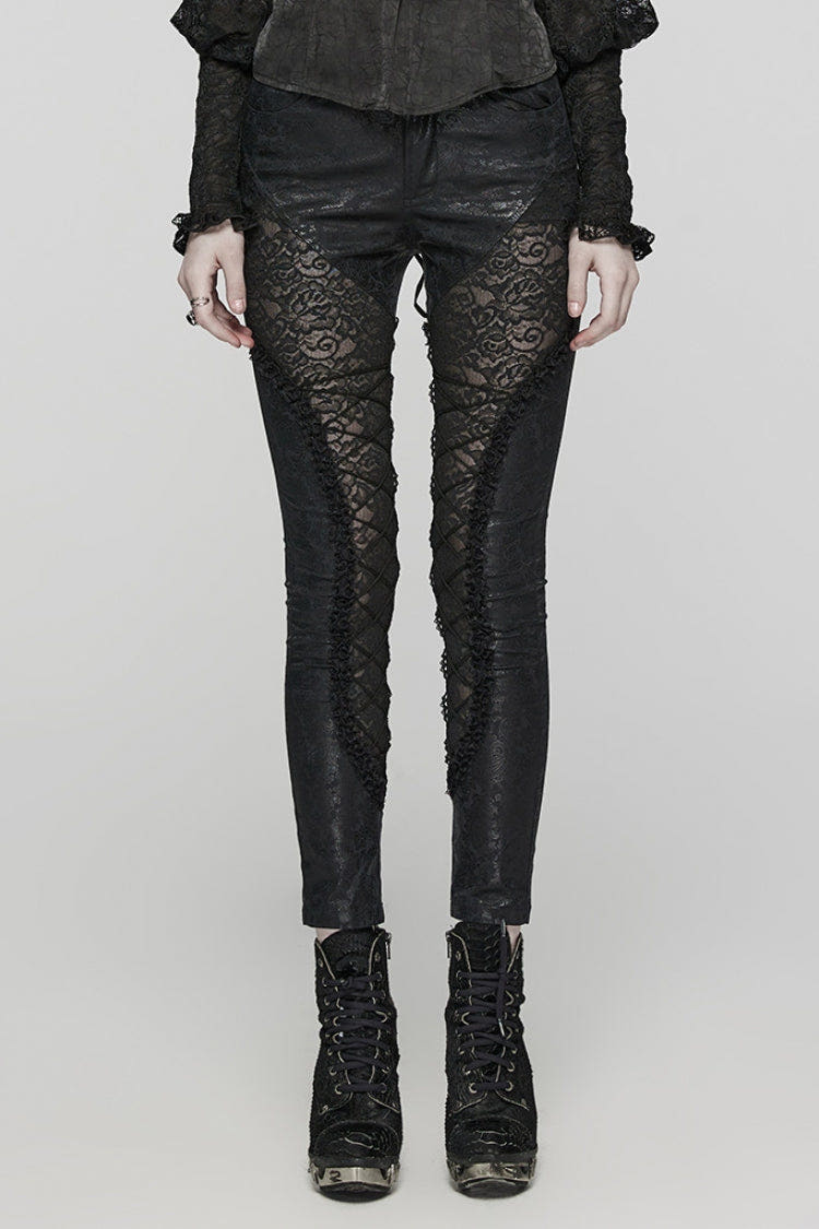 Black Print Stitching Lace Lace-Up Slim Women's Gothic Leggings - Black - 1