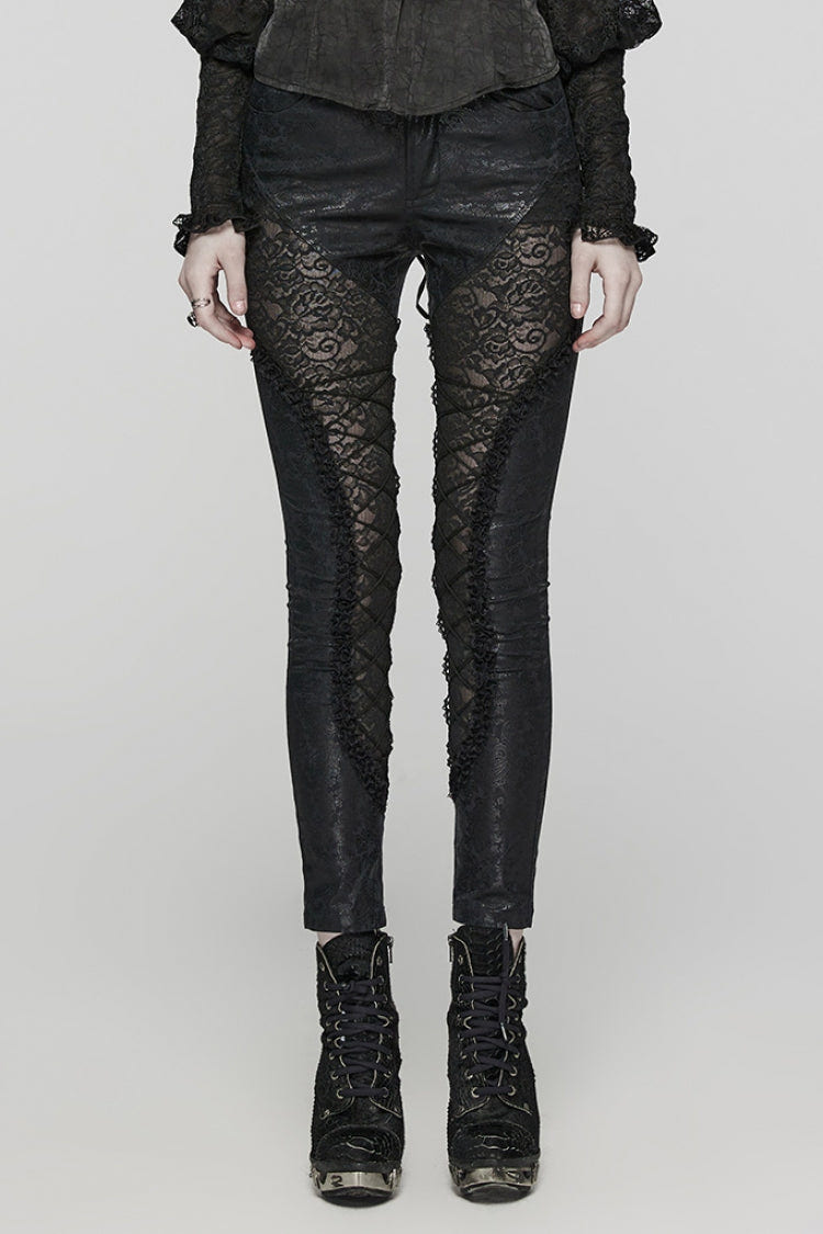 Black Print Stitching Lace Lace-Up Slim Women's Gothic Leggings - Black - 1