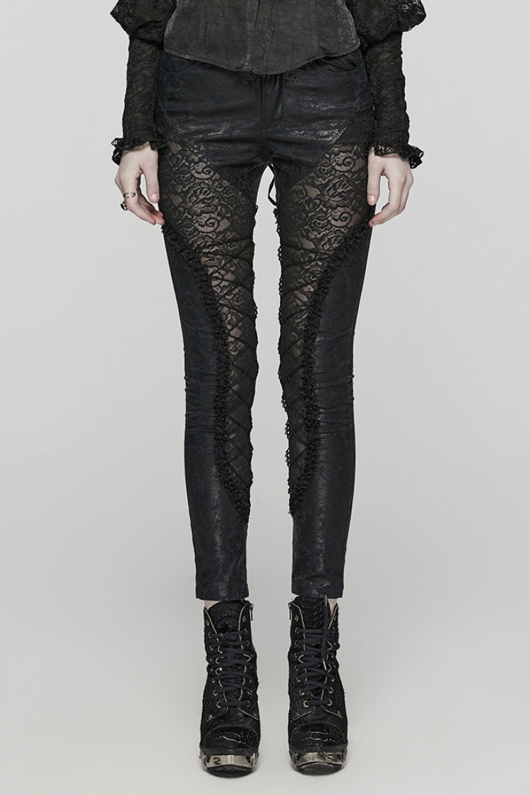 Black Print Stitching Lace Lace-Up Slim Women's Gothic Leggings - Black - 1