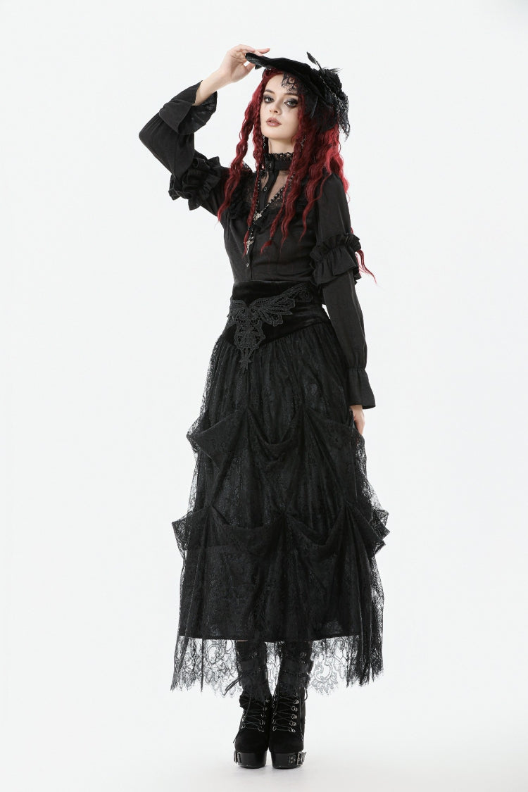 Black Sheer Stand Collar Ruffled Long Lantern Sleeves Women's Gothic Blouse - Product - 10