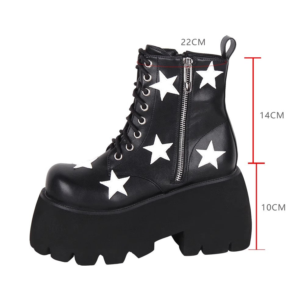 Black Five-pointed Star Print Zipper Punk Lolita Ankle Boots - Product - 4