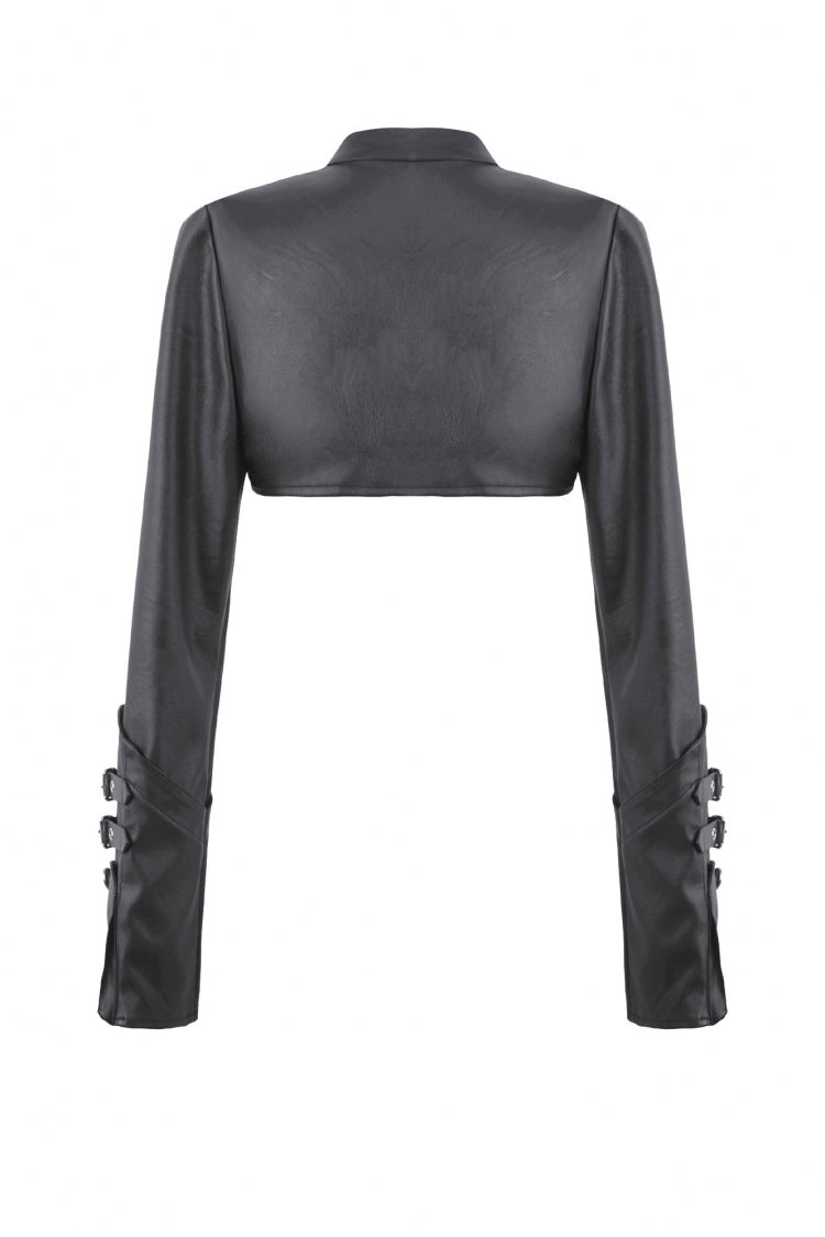Black PU Leather Long Sleeves Buckled Strap Zippered Women's Punk Shrug - Product - 14