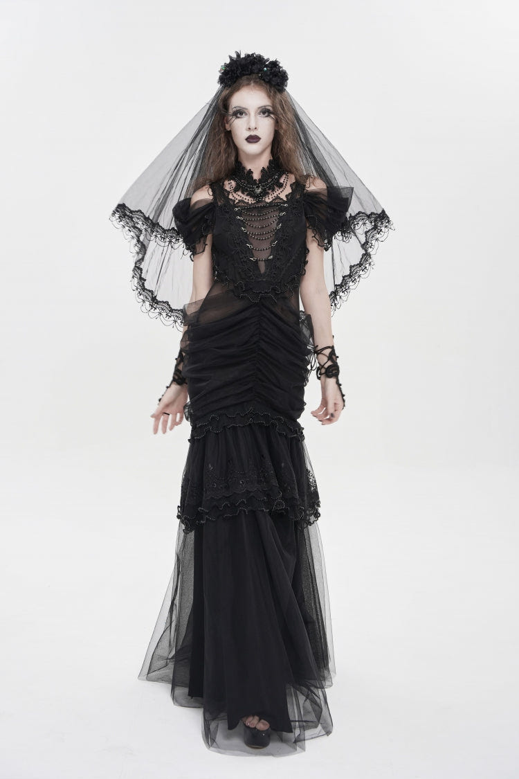 Black Off Shoulder Ruffled Cut-Out Lace Pleated Women's Gothic Dress - Product - 2