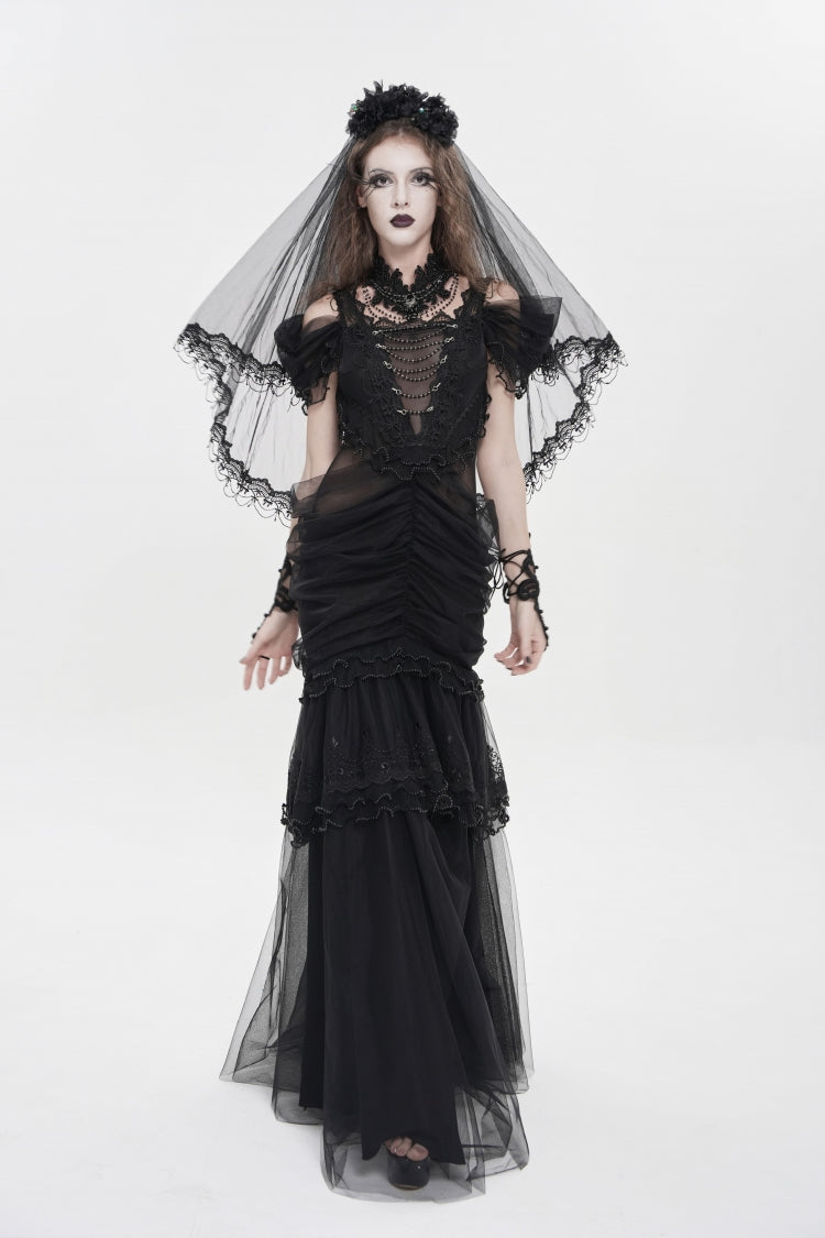 Black Off Shoulder Ruffled Cut-Out Lace Pleated Women's Gothic Dress - Product - 2