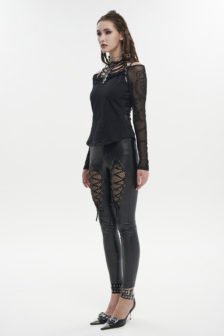 Black Stretch Knit Stitching Flocking Printed Neck Collar Tie Rope Off-Shoulder Women's Punk T-Shirt - Product - 5