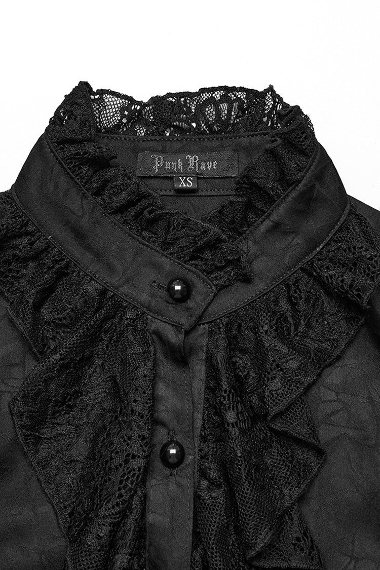 Black Stand Collar Lace Long Sleeves Ruffle Hollow Womens Gothic Blouse - Product - 8