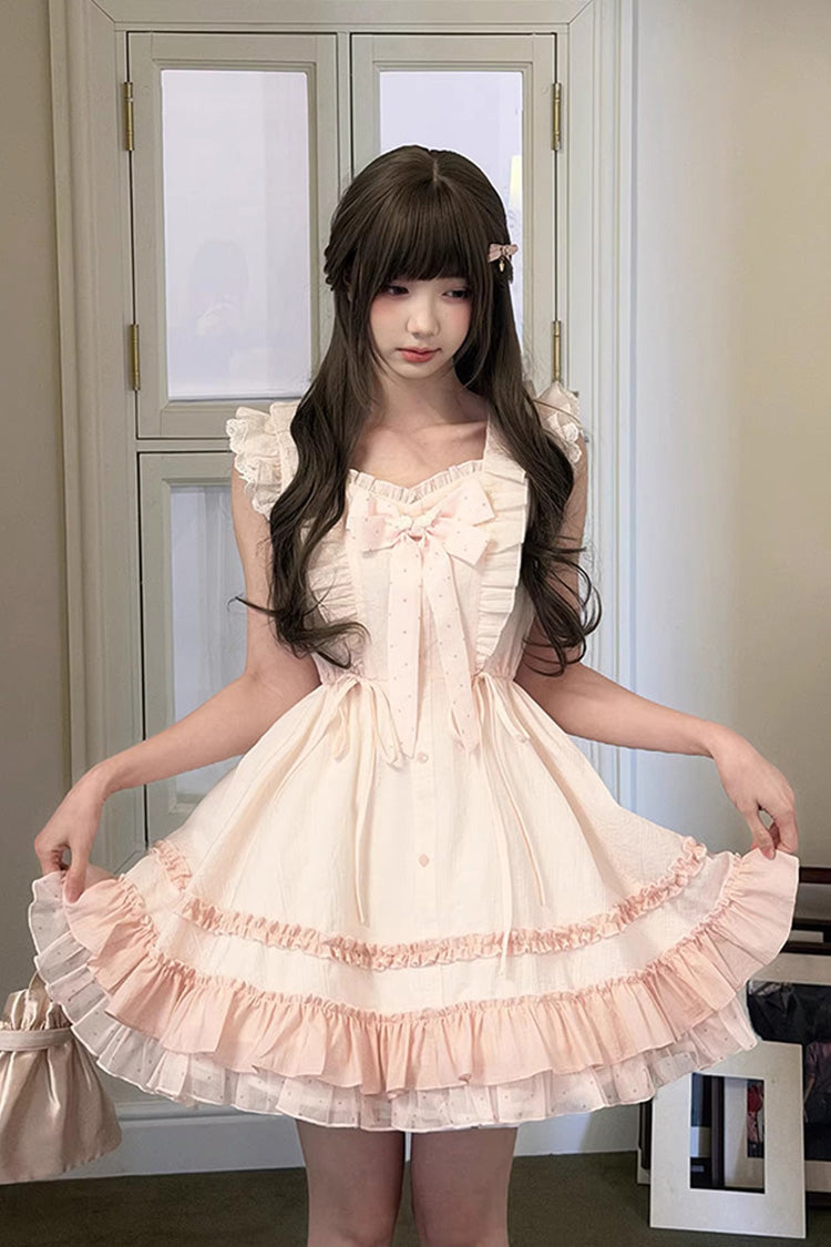 Pink [Spring Timeline] Double-Layered Ruffled Bow Lace-Up Sweet Princess Lolita Dress - Product - 5