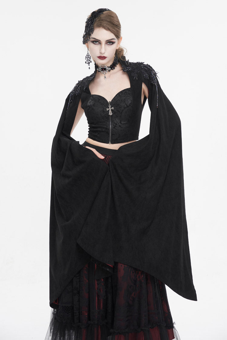 Black Stand Collar Floral Embroidered Women's Gothic Shirt Cloak - Black - 1