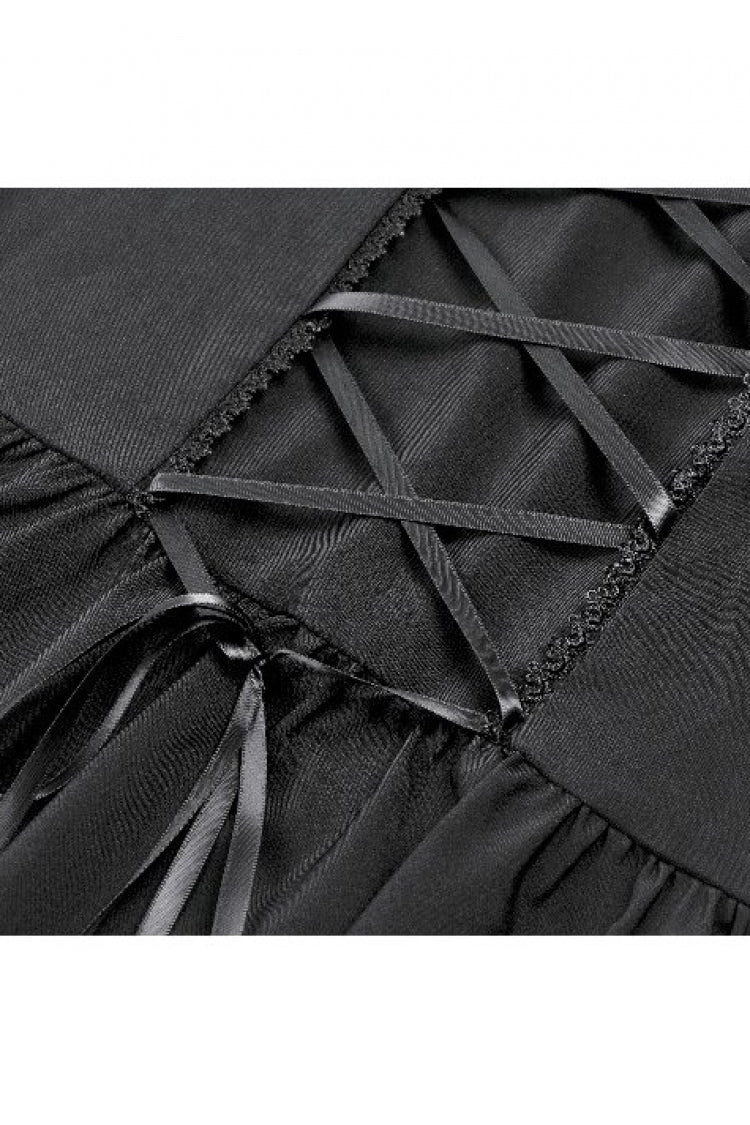 Black Cut-Out Multi-Layered Ruffled Long Trumpet Sleeves Sheer Mesh Splice Lace Lace-Up Women's Gothic Dress - Product - 13