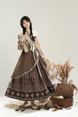 Brown [Mysterious Tribe] Long Lantern Sleeves Print Ruffle Asymmetric Sweet Chinese Style Lolita Dress - Product - 2