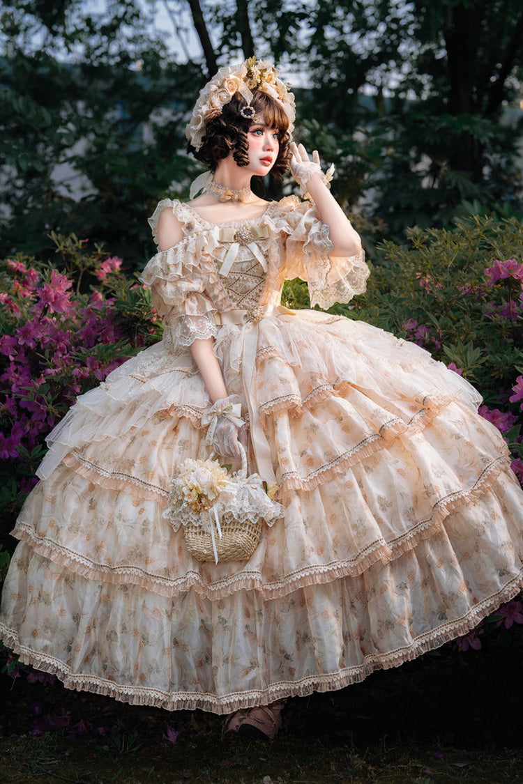 Yellow [Rose Letter] Off Shoulder Triple-Layered Print Ruffle Hanayome Sweet Princess Lolita Dress - Product - 8