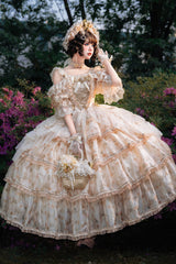 Yellow [Rose Letter] Off Shoulder Triple-Layered Print Ruffle Hanayome Sweet Princess Lolita Dress - Product - 8
