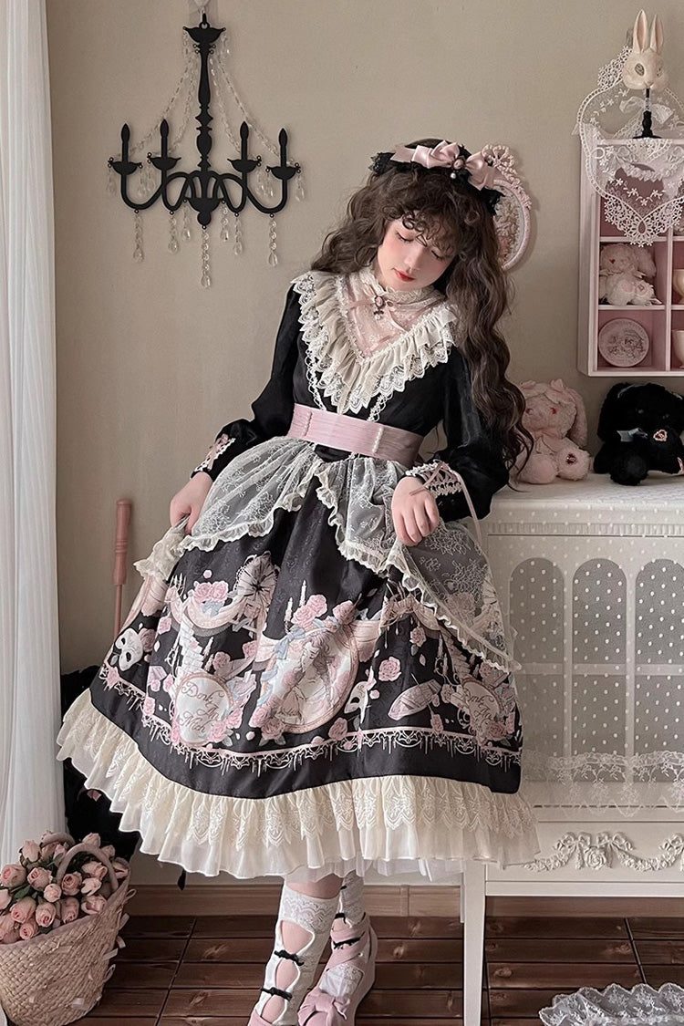Black Rose Prologue Print Long Sleeves Ruffle Sweet Elegant Lolita Dress - Product - 6