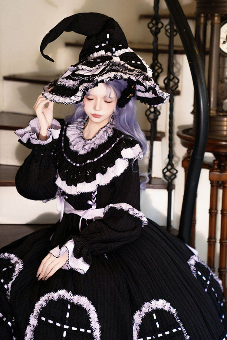 Black [Twin Lilian] Round Collar Long Sleeves Double-Layered Ruffled Bow Lace-Up Gothic Lolita Dress - Product - 4