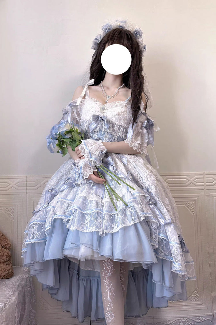 Blue [Diane Rose] Short Sleeves Multi-Layered Jacquard Ruffle Hanayome Cardigan Bowknot Lace Sweet Lolita Dress - Product - 12