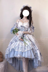 Blue [Diane Rose] Short Sleeves Multi-Layered Jacquard Ruffle Hanayome Cardigan Bowknot Lace Sweet Lolita Dress - Product - 12