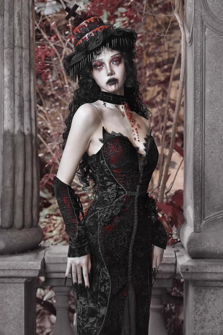 Black/Red [Scarlet Blood Peak] Sleeveless High Waisted Ruffle Embroidery Lace Gothic Lolita Fishtail Dress - Product - 7