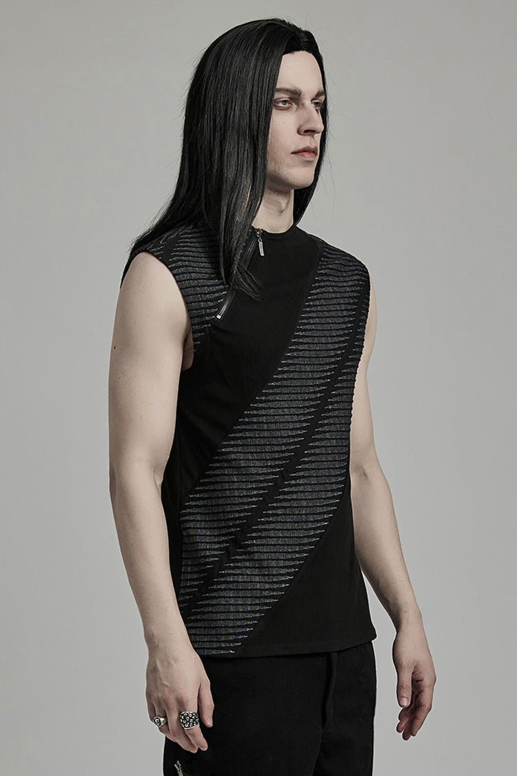 Black Sleeveless Print Asymmetric Zipper Men's Punk Tank Top - Product - 2