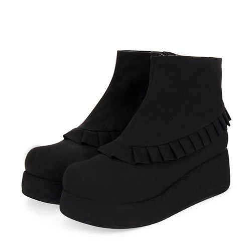 Round Toe Ruffle College Style Lolita Platform Boots - Black - 1