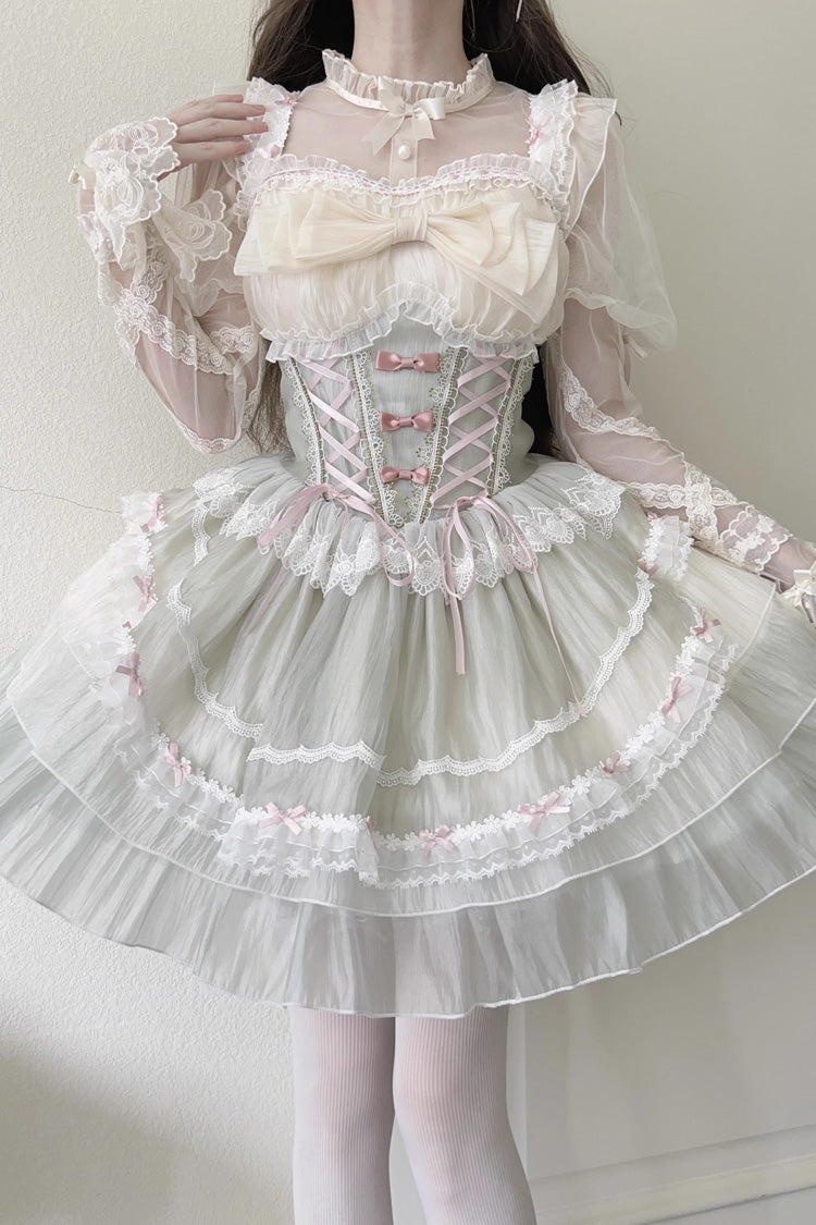 Light Green Camellia Decoration Bowknot Lace-Up Sweet Lolita Jsk Dress - Green - 1