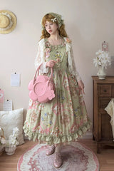 Green [Cat Rose Tea] Sleeveless Print Ruffle Bowknot Sweet Lolita Jsk Dress - Product - 5