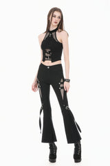 Black Women's Punk Buckled Straps Cut-Out Sheer Mesh Patchwork Flare Pants - Product - 7