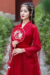 Red Long Sleeves Lace Pearl-Decorated Classic Elegant Hanfu Dress - Product - 5