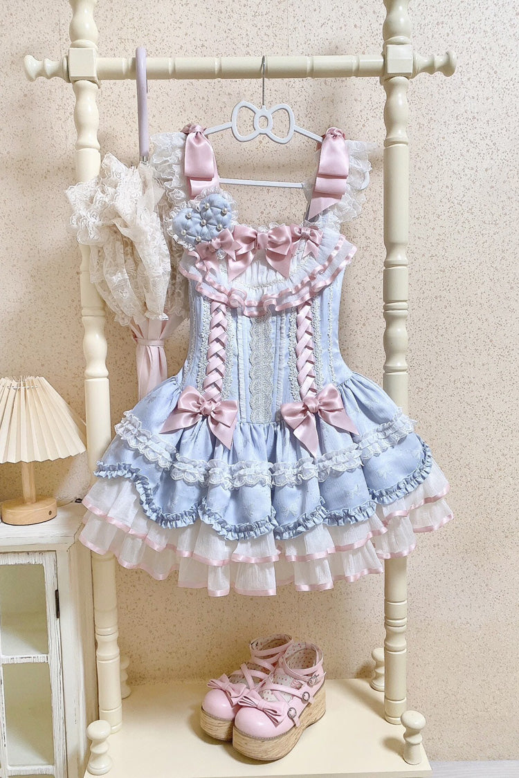 Blue Triple-Layered Ruffled Bow Lace-Up Slim Ballet Sweet Lolita Dress - Product - 10