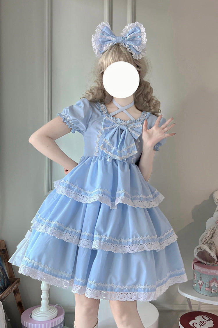 Blue Triple-Layered Detachable Sleeves Bowknot Lace-Up Sweet Lolita Dress - Blue - 1