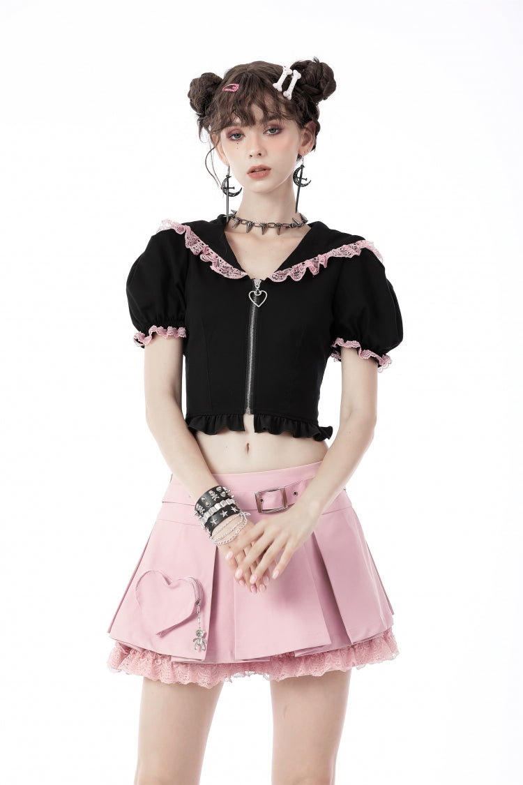 Black/Pink Short Puff Sleeves Lace Ruffled Lace-Up Zippered Women's Lolita Gothic Crop Top with Cat Hood - Product - 5