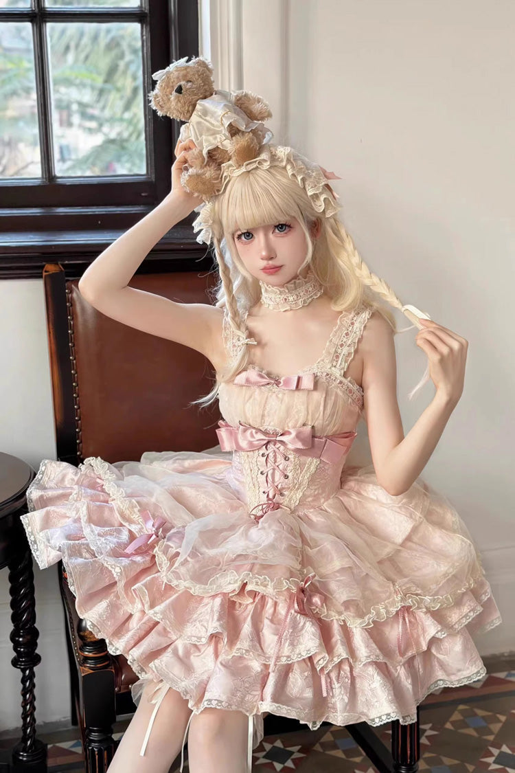Pink Sleeveless Multi-layer Ruffle Bowknot Lace-Up Sweet Princess Lolita Jsk Dress - Product - 5