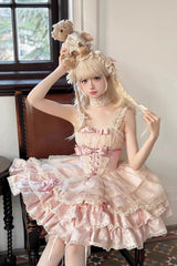 Pink Sleeveless Multi-layer Ruffle Bowknot Lace-Up Sweet Princess Lolita Jsk Dress - Product - 5