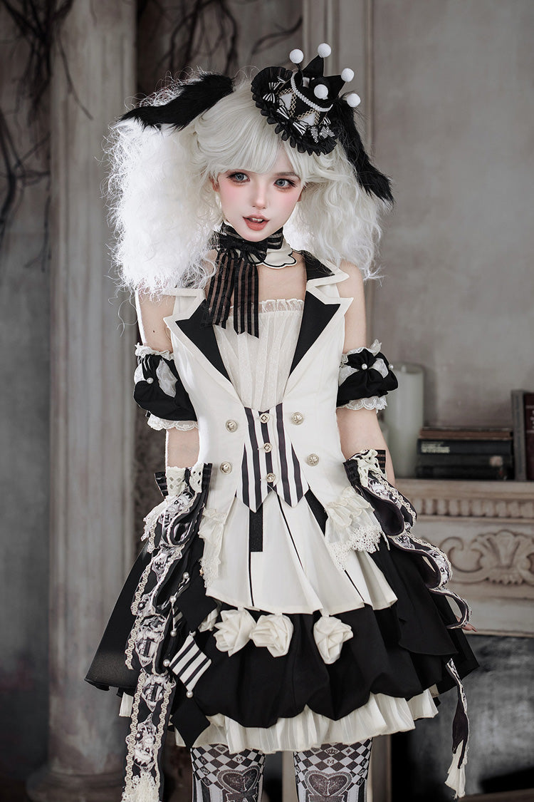 Black/White [Candy Cane] Sleeveless Printed Ruffled Bow Gothic Lolita Skirt Full Set - Black/White(Set) - 1