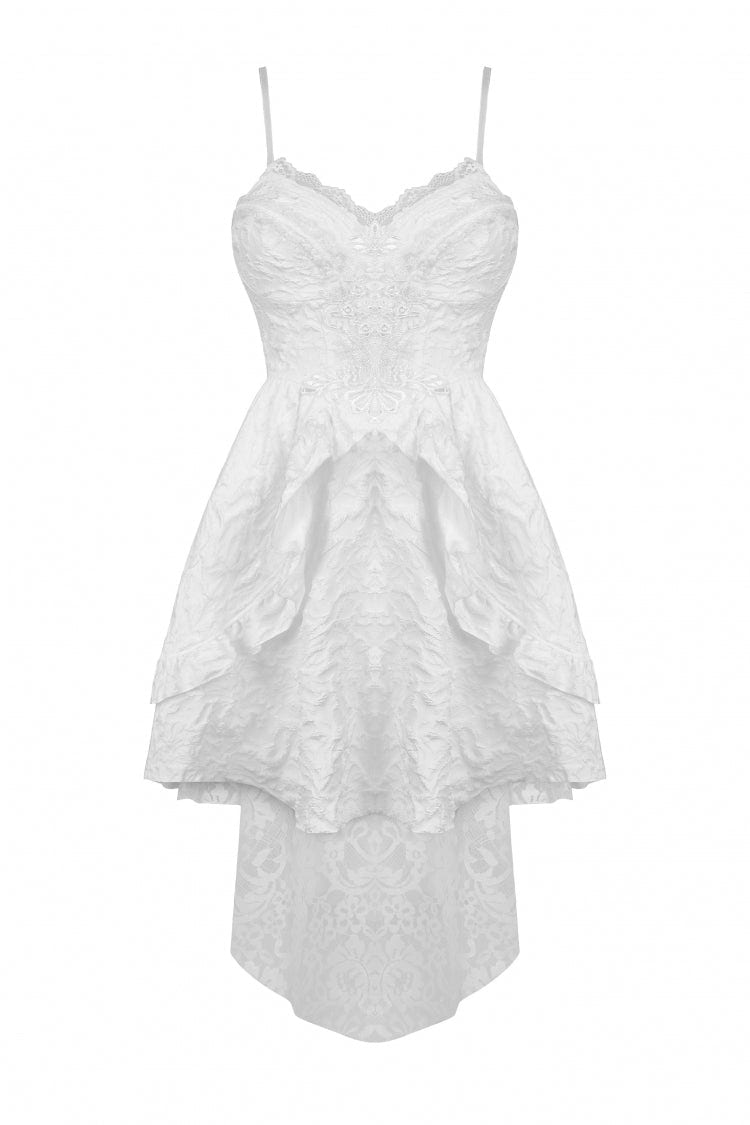 White Sleeveless High/Low Multi-Layered Jacquard Lace Lace-Up Women's Gothic Slip Wedding Graduation Dress - Product - 3