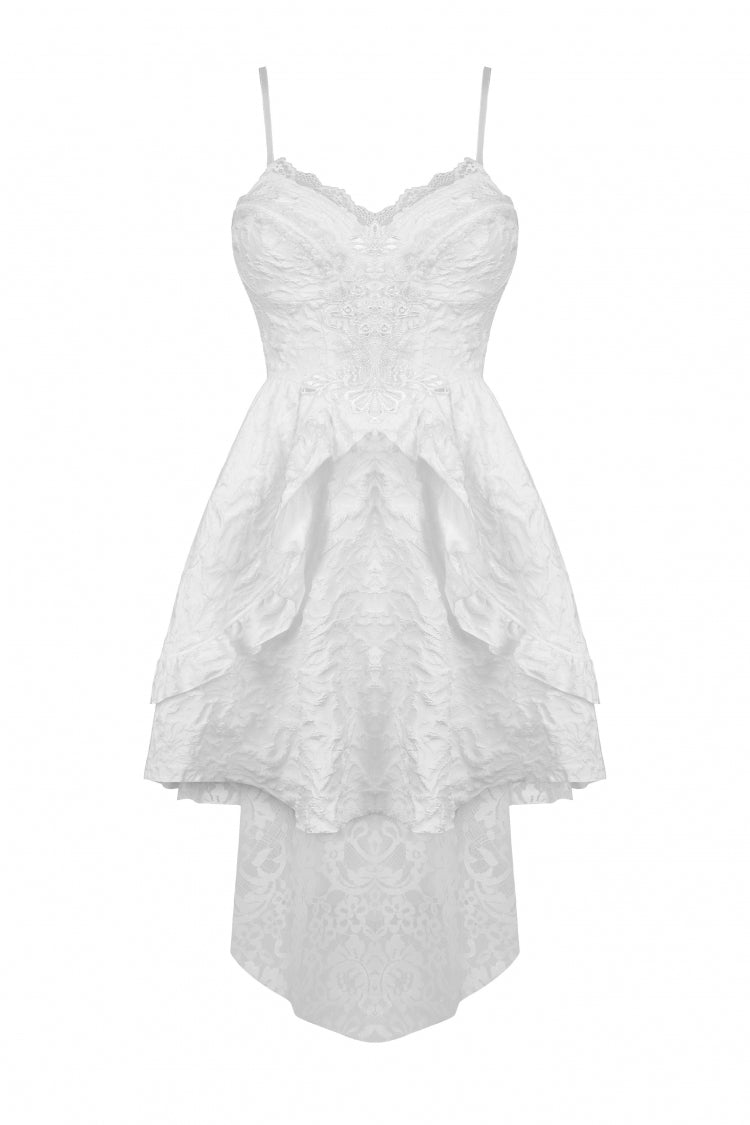 White Sleeveless High/Low Multi-Layered Jacquard Lace Lace-Up Women's Gothic Slip Wedding Graduation Dress - Product - 3