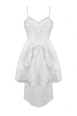 White Sleeveless High/Low Multi-Layered Jacquard Lace Lace-Up Women's Gothic Slip Wedding Graduation Dress - Product - 3