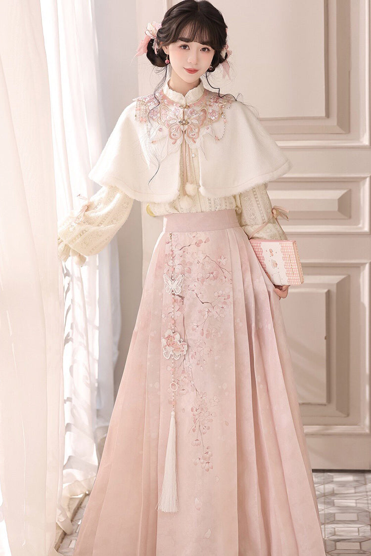 Pink [Cherry Blossoms Falling] Stand Collar Long Sleeves High Waisted Jacquard Printed Women's Sweet Hanfu Dress Set - Product - 2