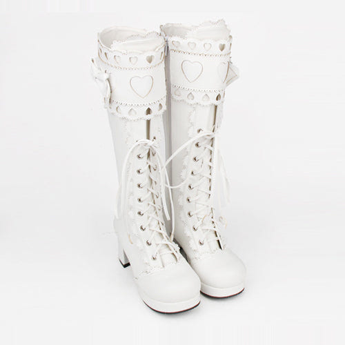 Lace Bowknot Heart Shaped Round Toe Sweet Lolita High Boots - Product - 7