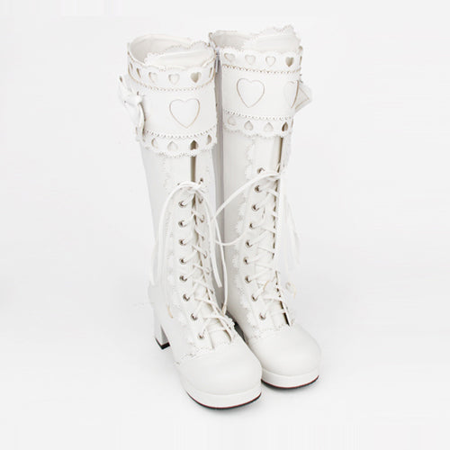 Lace Bowknot Heart Shaped Round Toe Sweet Lolita High Boots - Product - 7